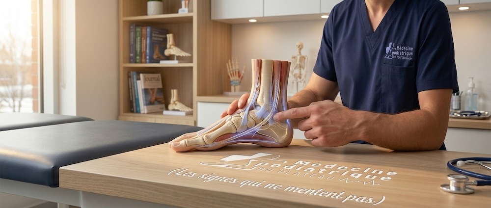 Les cinq signes du pied plat acquis de l'adulte : douleur cheville intérieure, affaissement voûte plantaire, Gatineau