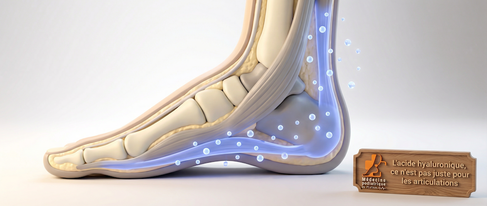 Schéma 3D acide hyaluronique dans les tissus du pied — tendon et fascia plantaire Gatineau